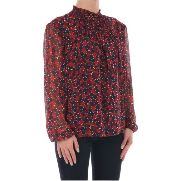 Diane Von Furstenberg Aleni SILK Smocked Long Sleeve Blouse Red Blue Geometric 2 - Picture 2 of 10